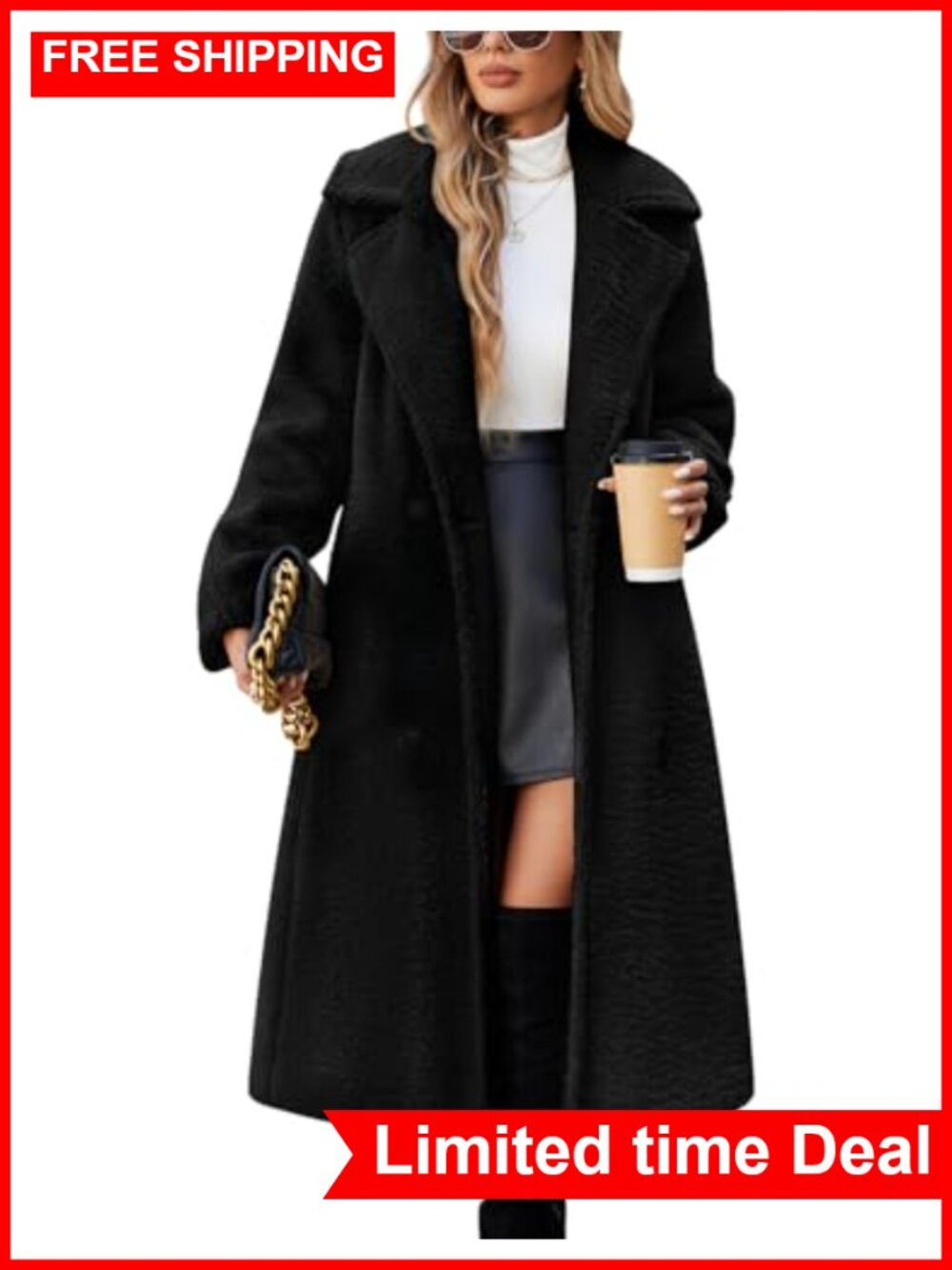 Faux Fur Double-Breasted Long Coat Oversized Winter Overcoat